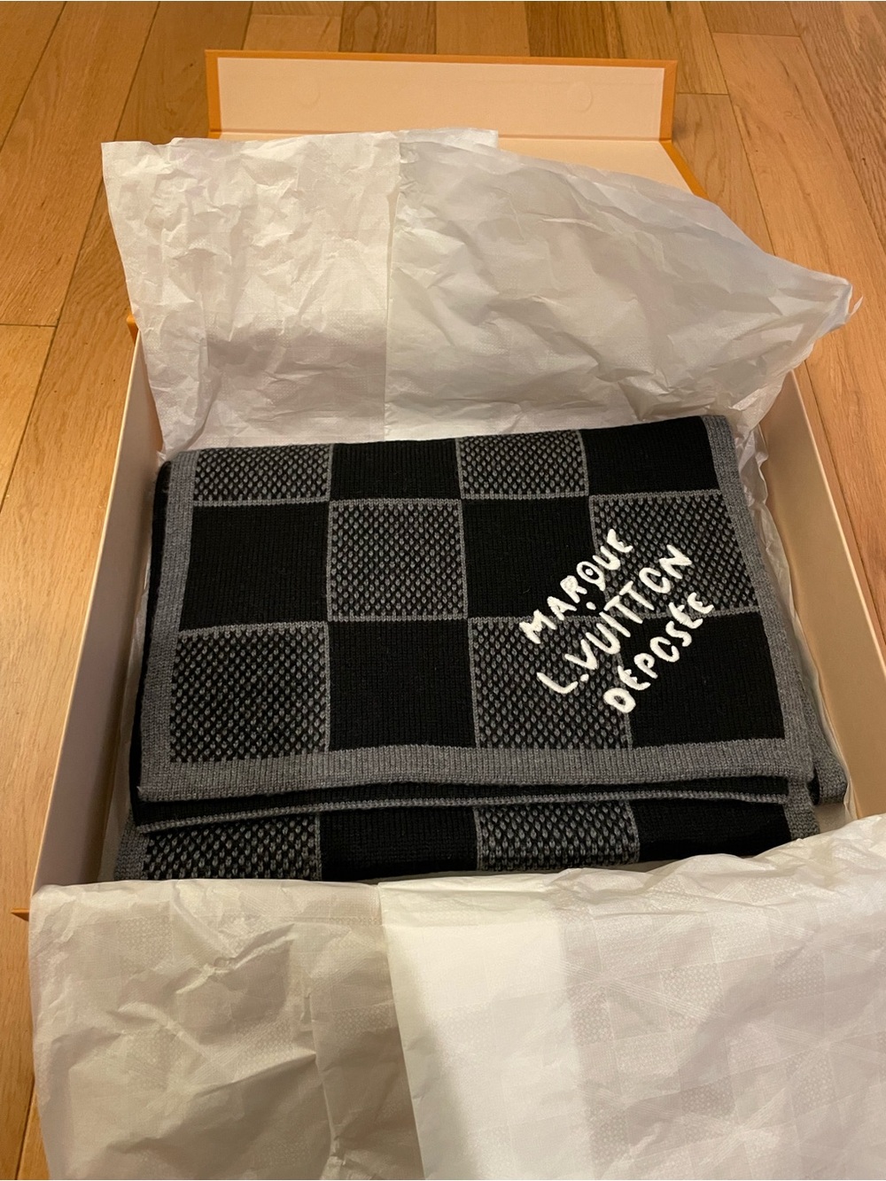 Louis Vuitton Black and Gray Checkered Knit Scarf with Script Detail